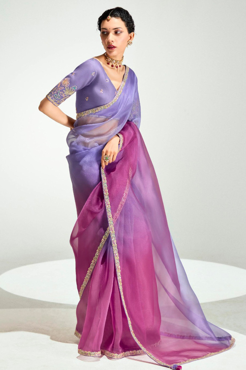 Printed Lavender Purple Festival Wear Organza Shimmer Saree