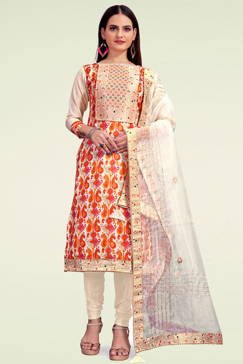 Printed Light Beige Chanderi Silk Straight Cut Churidar Suit