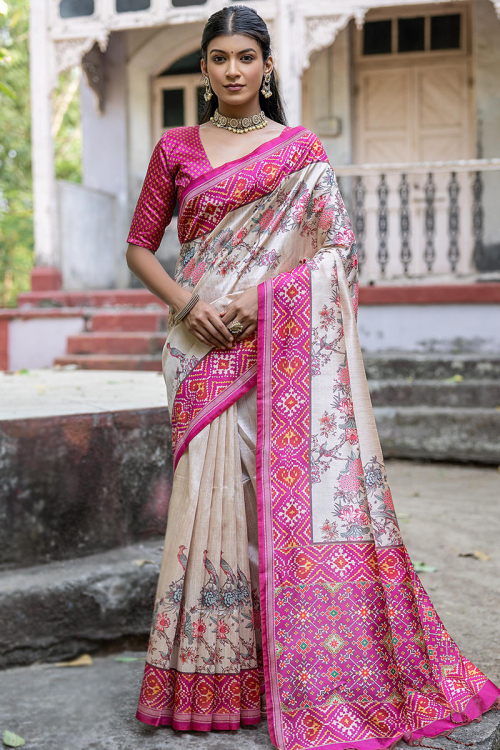Printed Light Beige Tussar Silk Floral Saree