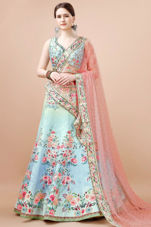 Printed Light Blue Panelled Style Satin Silk Lehenga