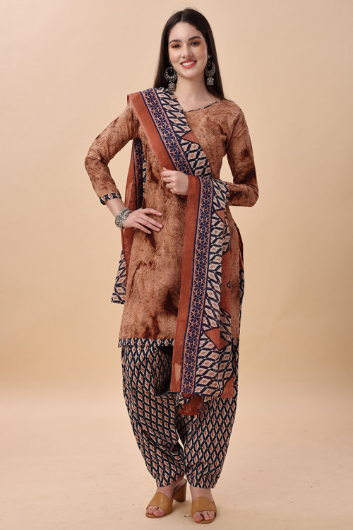 Printed Light Brown Cotton Casual Wear Patiala Suit