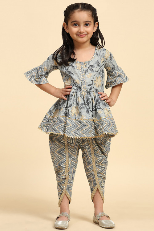 Printed Light Grey Cotton Girl's Suit 