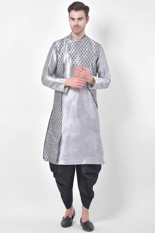 Printed Light Grey Dupion Silk Men Dhoti Kurta