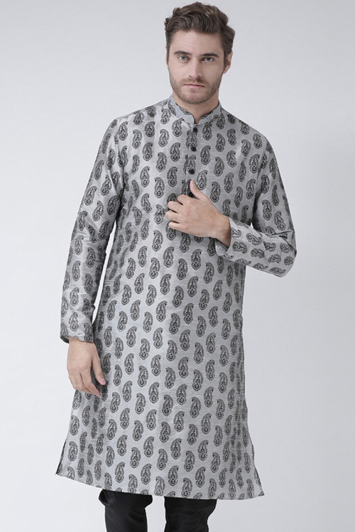 Printed Light Grey Dupion Silk Straight Cut Men's Kurta 