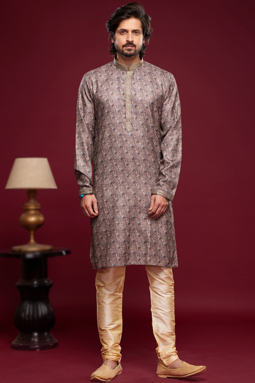Printed Light Mauve Art Silk Straight Cut Men's Kurta Churidar