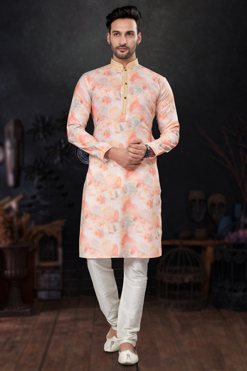 Printed Light Orange Cotton Straight Cut Men's Kurta Churidar