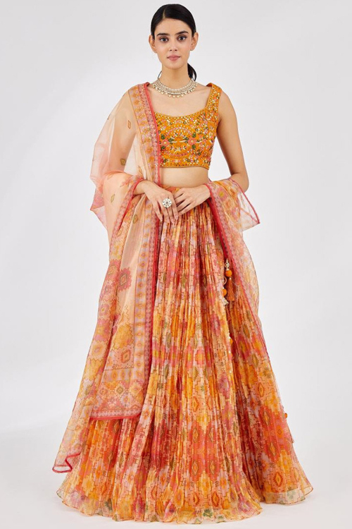 Printed Light Orange Flared Style Organza Lehenga