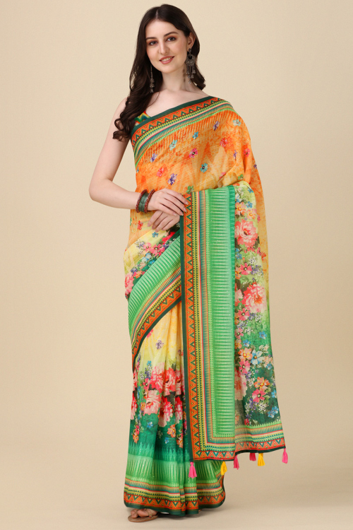 Printed Light Orange Linen Casual Wear Saree