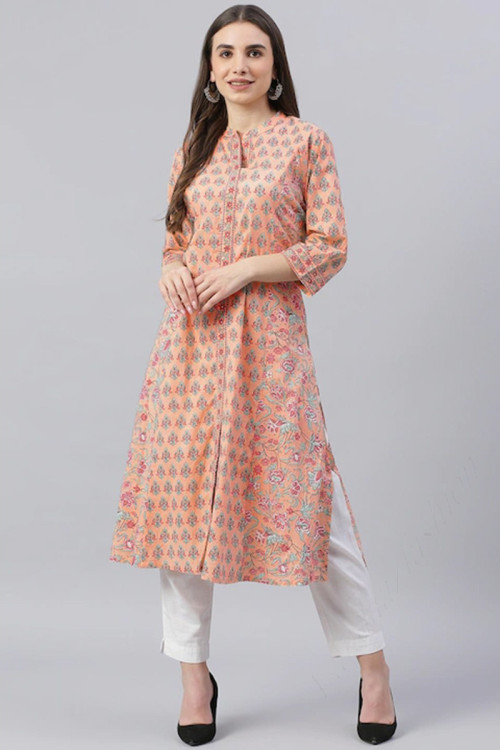 Buy Straight Cut Peach Closed Neck Plus Size Kurtis Online for Women in USA