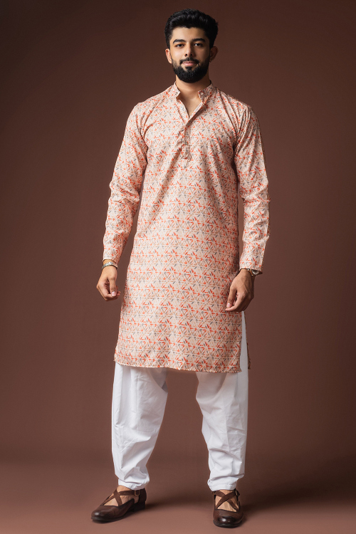 Printed Light Peach Cotton Straight Cut Men's Kurta Pajama
