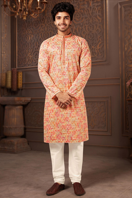 Printed Light Peach Poly Cotton Straight Cut Men's Kurta Churidar