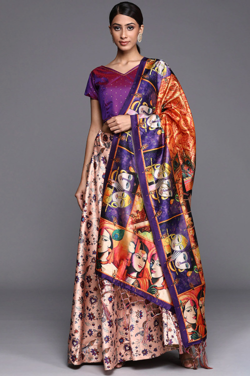 Printed Light Peach Silk A Line Lehenga
