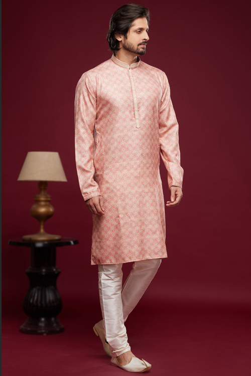 Printed Light Pink Straight Cut Men's Kurta Churidar In Art Silk