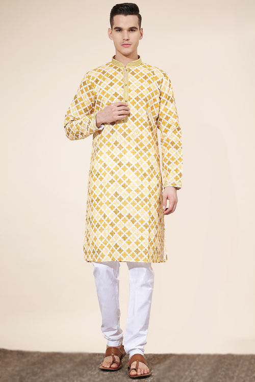 Printed Light Yellow Cotton Straight Cut Kurta Pajama