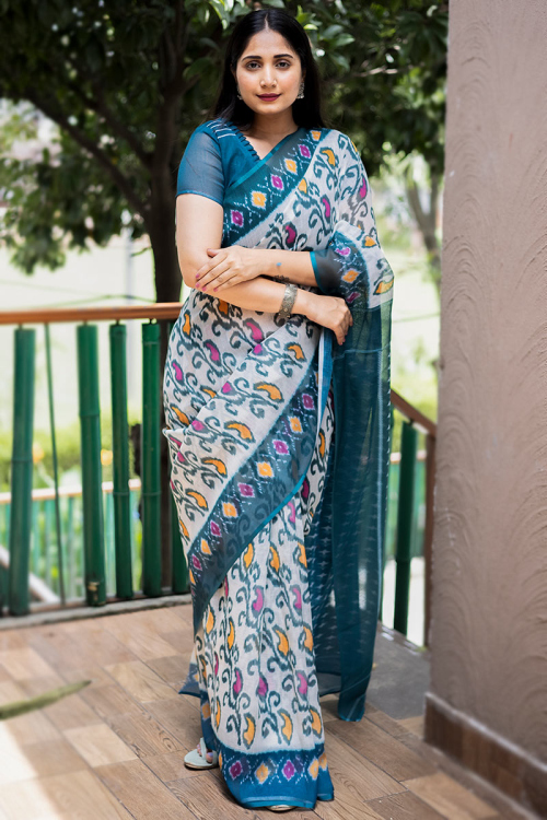 Printed Linen Light Grey Saree
