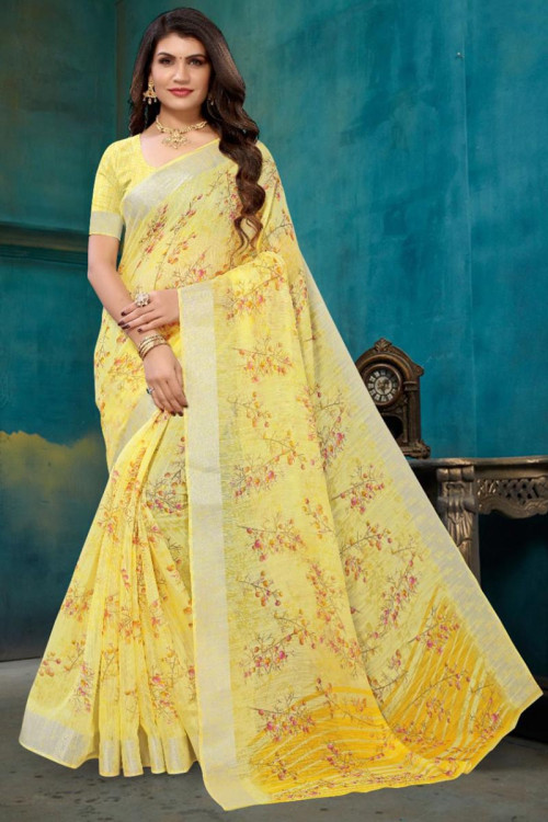 Printed Linen Pale Yellow Indian Saree