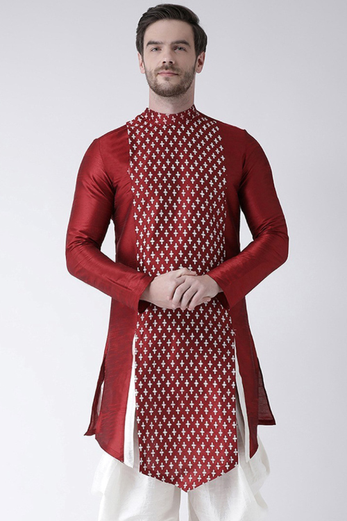Printed Maroon Dupion Silk Side Slit Men's Kurta 