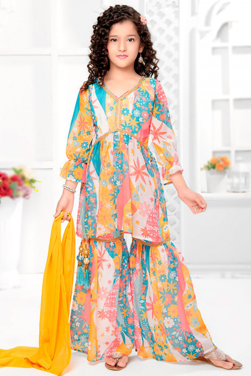 Printed Multi Color Georgette Girl's Sharara Suit 