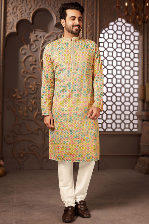 Printed Multi Color Poly Cotton Straight Cut Men's Kurta Churidar