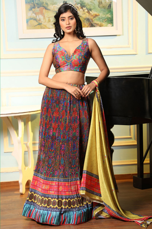 Printed Multi Color Satin Flared Style Lehenga