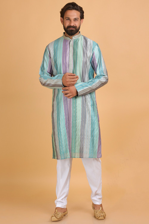 Printed Multi Color Silk Men's Kurta Pajama 