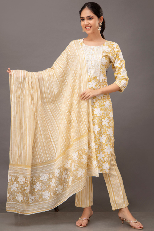 Printed Mustard Yellow Cotton Rayon Straight Cut Trouser Suit 