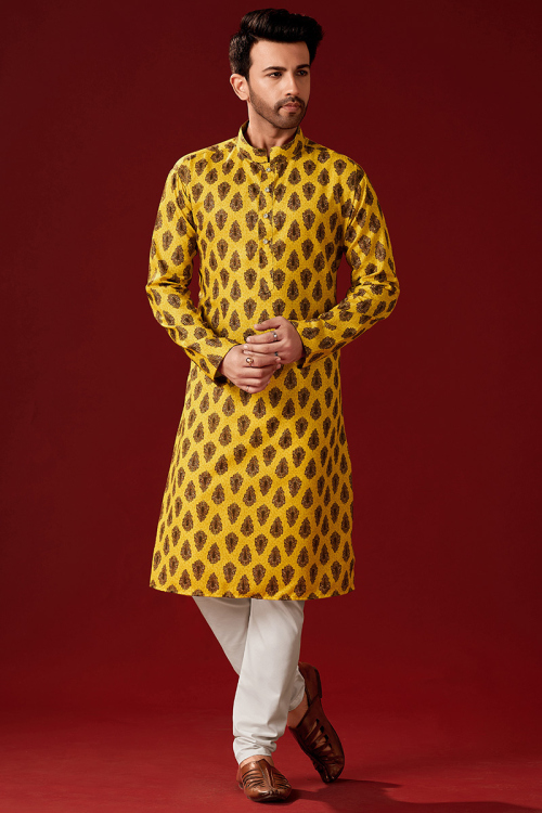 Printed Mustard Yellow Cotton Straight Cut Men's Kurta Churidar 