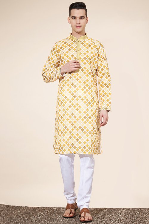 Printed Mustard Yellow Cotton Straight Cut Men's Kurta Pajama 