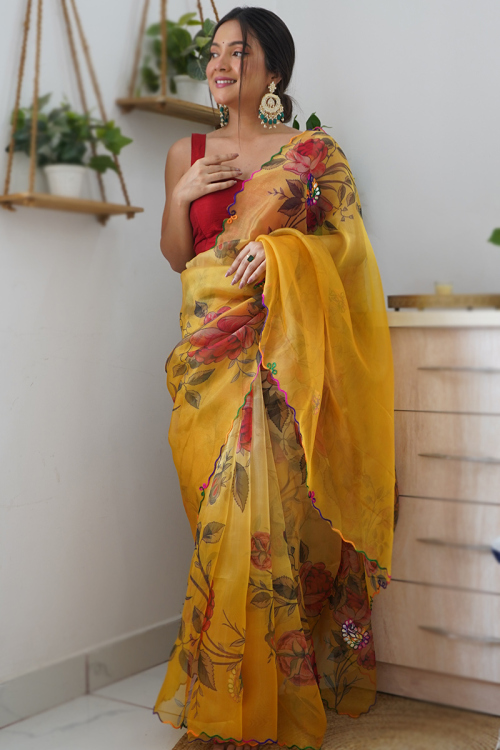 Printed Mustard Yellow Organza Floral Saree 