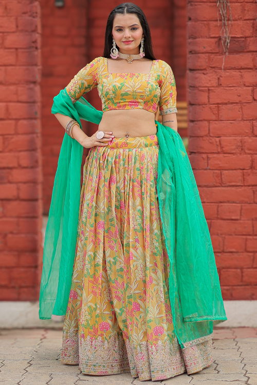 Printed Mustard Yellow Viscose Flared Style Lehenga