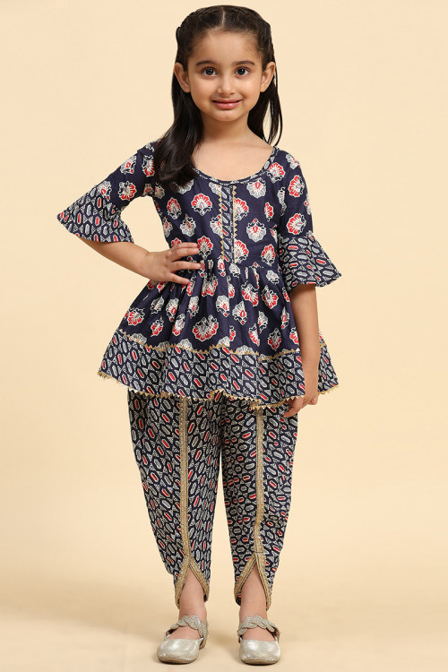 Printed Navy Blue Cotton Girl's Suit 