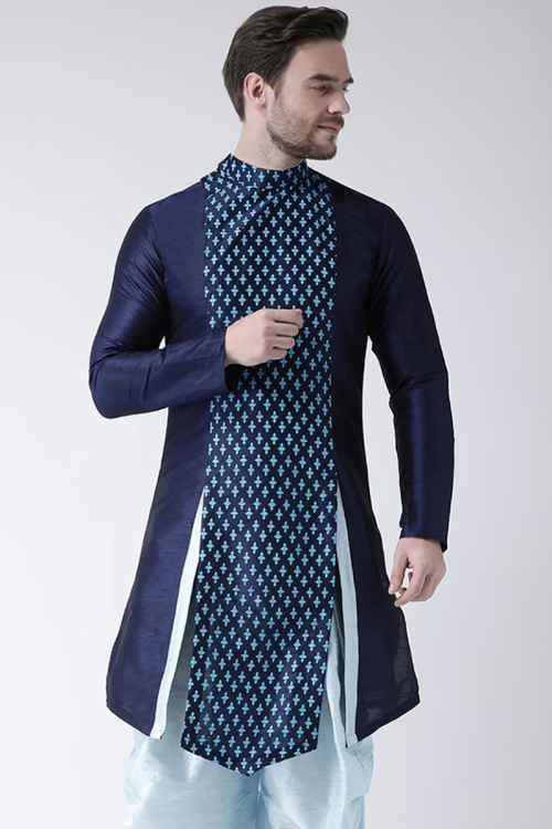 Printed Navy Blue Dupion Silk Side Slit Men's Kurta 
