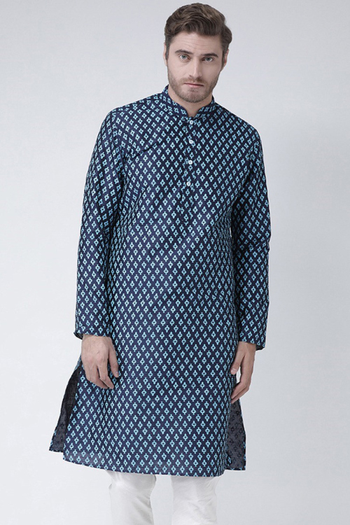 Printed Navy Blue Dupion Silk Straight Cut Men's Kurta 