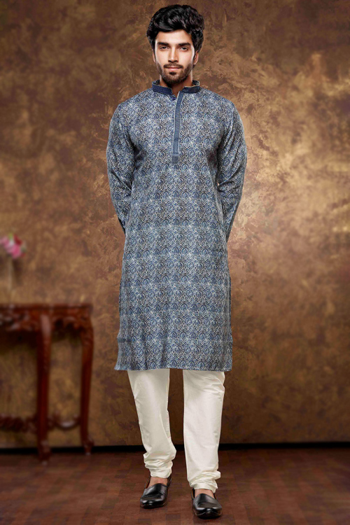 Printed Navy Blue Poly Cotton Straight Cut Men's Kurta Churidar 