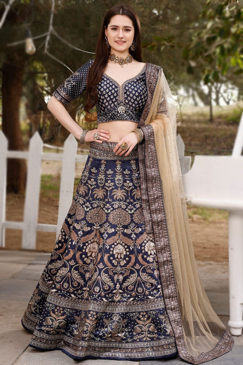 Printed Navy Blue Satin Panelled Style Lehenga 