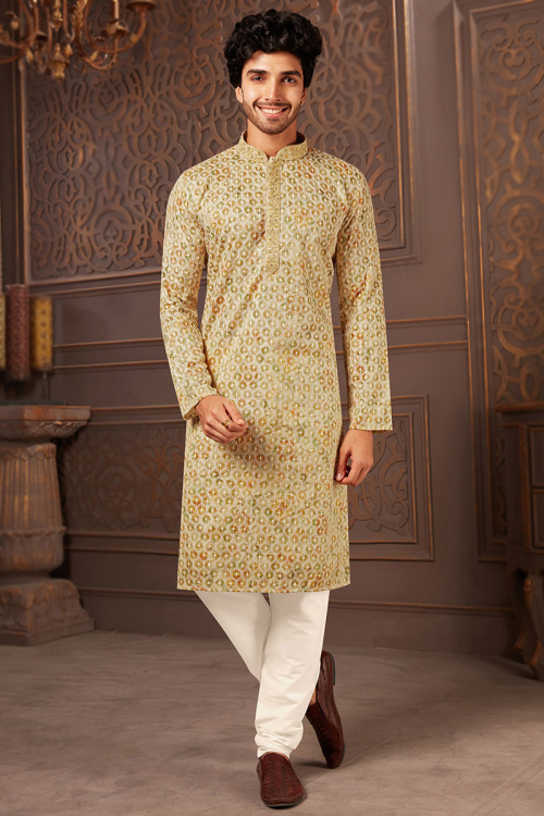 Printed Oat Beige Poly Cotton Straight Cut Men's Kurta Churidar
