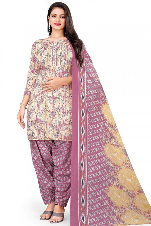 Printed Off White Cotton Casual Wear Patiala Suit
