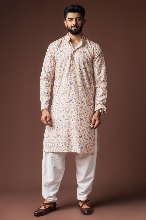 Printed Off White Cotton Straight Cut Men's Kurta Pajama