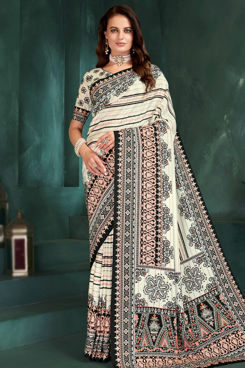 Printed Off White Crepe Casual Wear Saree