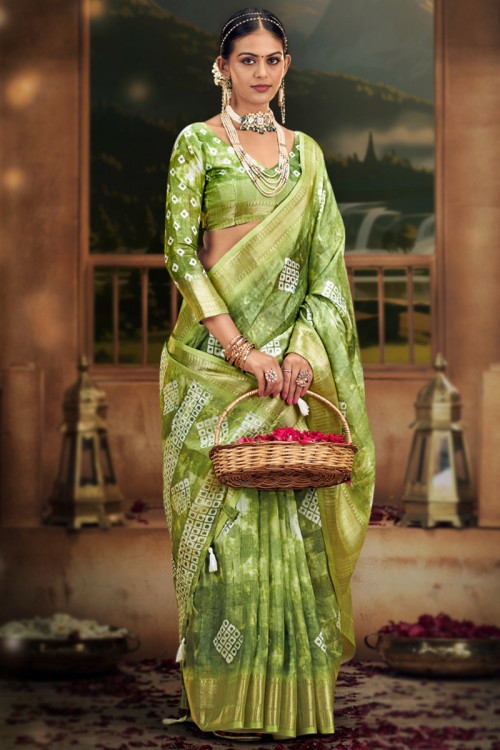 Printed Olive Green Cotton Light Weight Saree