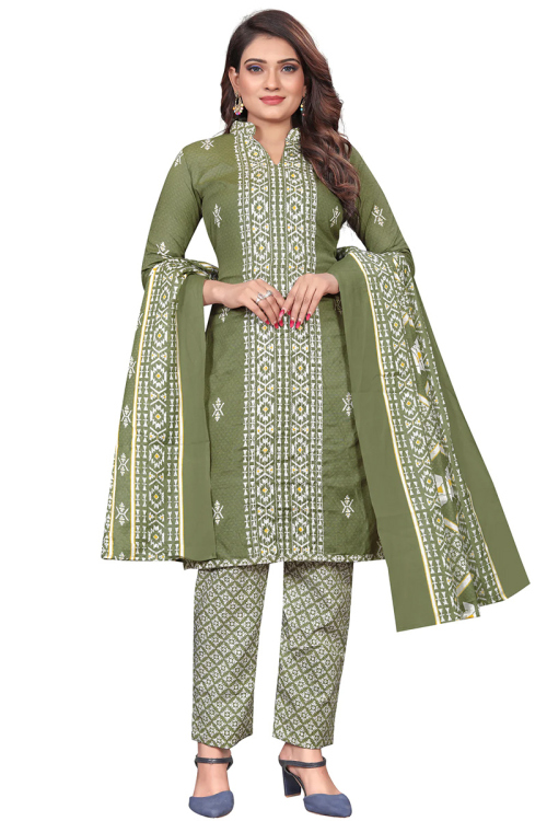 Printed Olive Green Straight Cut Cotton Trouser Suit 