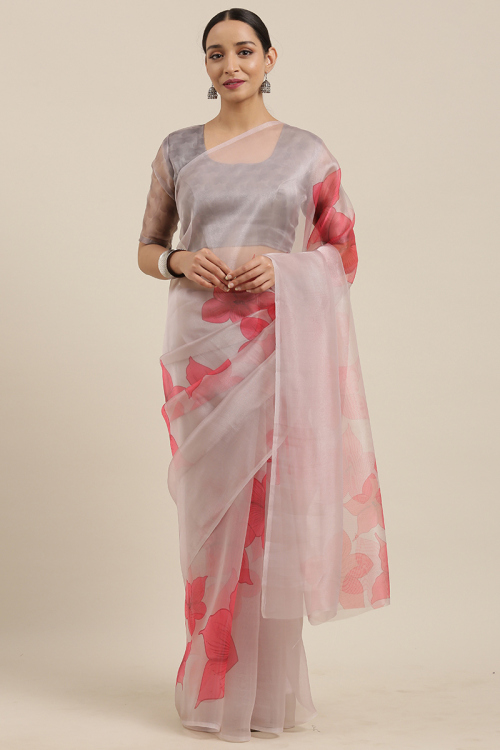 Organza Light Pink Printed Saree for Party 