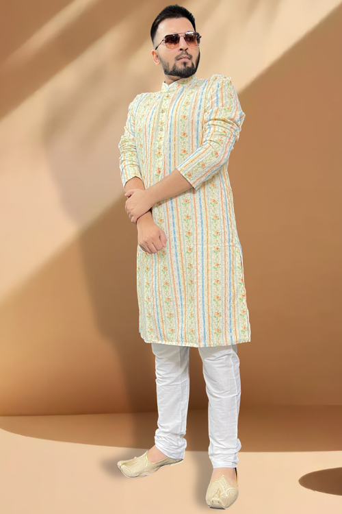 Printed Pale Yellow Cotton Straight Cut Men's Kurta Churidar