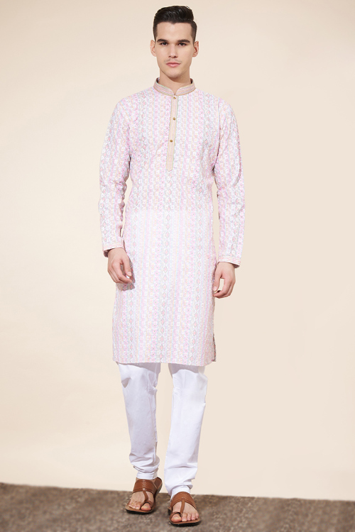 Printed Pastel Pink Cotton Straight Cut Men's Kurta Pajama