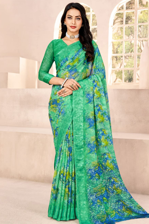 Printed Persian Green Chiffon Saree For Casual Wear