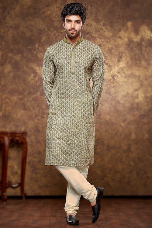 Printed Poly Cotton Light Beige Straight Cut Men's Kurta Churidar