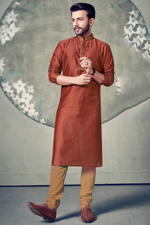 Printed Poly Cotton Rust Orange Straight Cut Men's Kurta Churidar 
