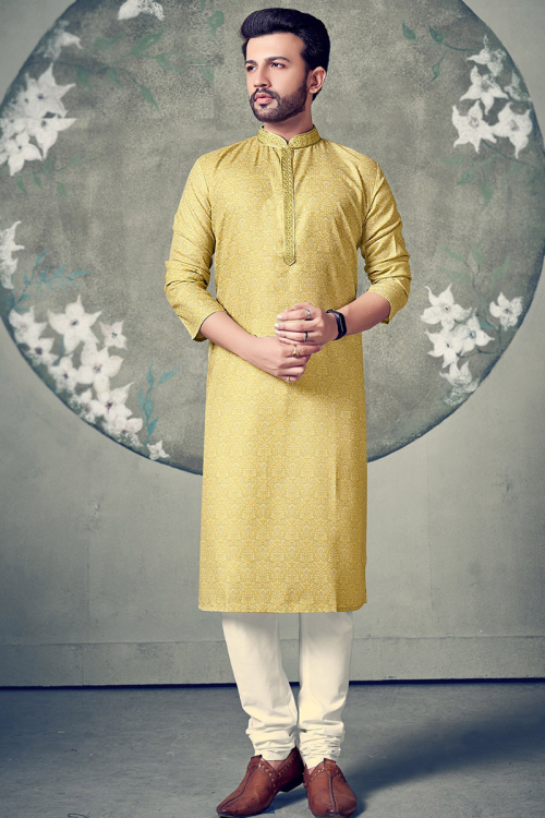 Printed Poly Cotton Trombone Yellow Men's Kurta Churidar 