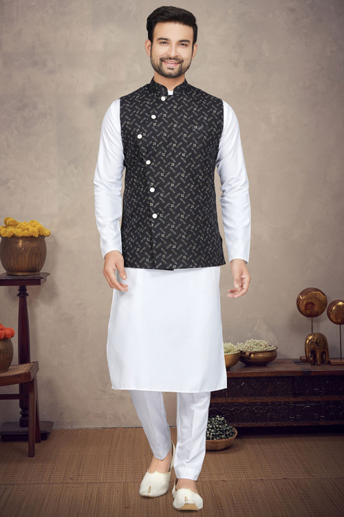 Buy Jacket Style White Poly Cotton Kurta Pajama Online for Men in USA
