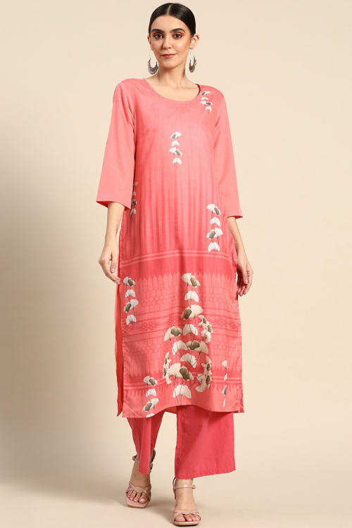 Printed Poly Crepe Coral Pink Kurti